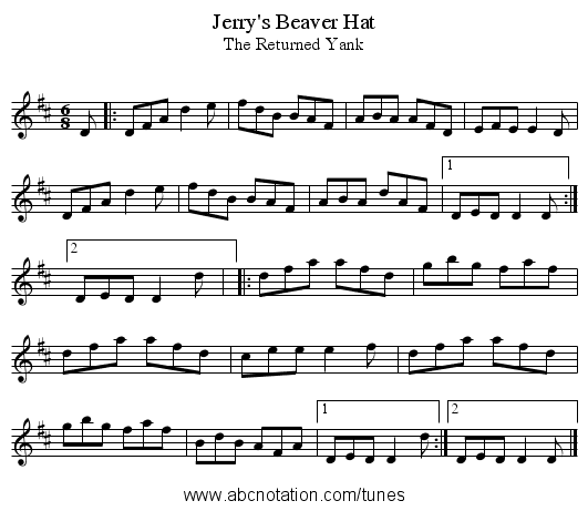 Jerry's Beaver Hat - staff notation