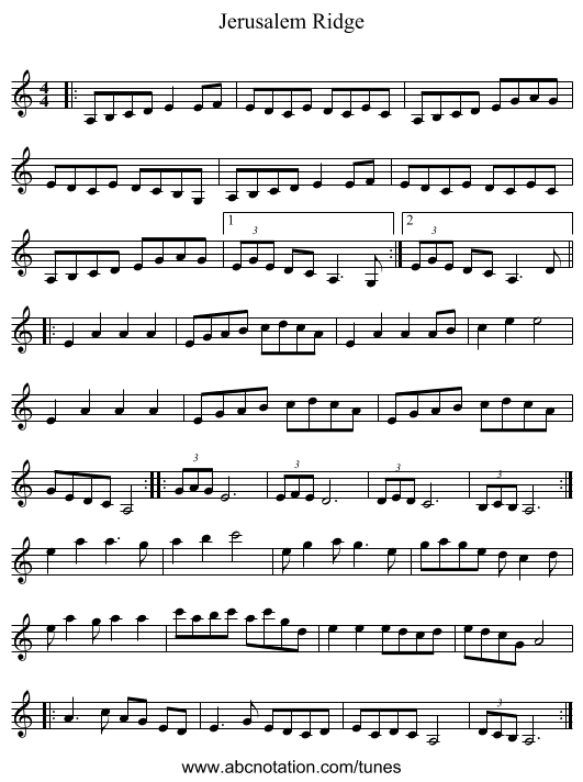 Jerusalem Ridge - staff notation