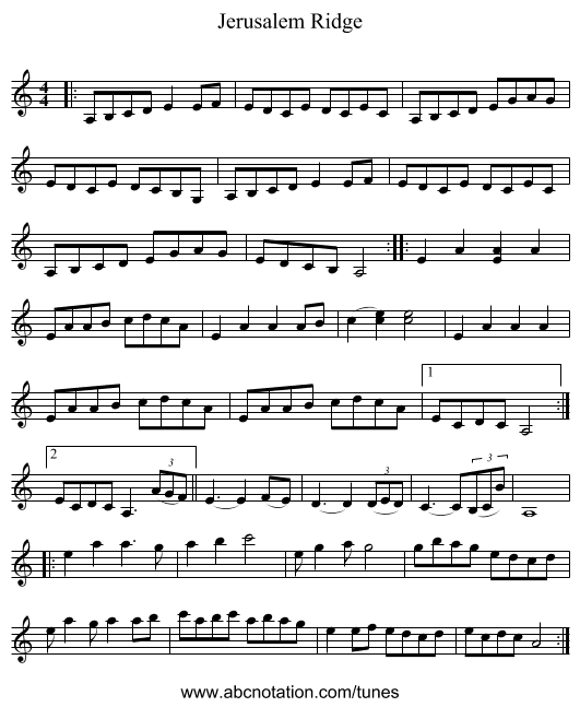 Jerusalem Ridge - staff notation