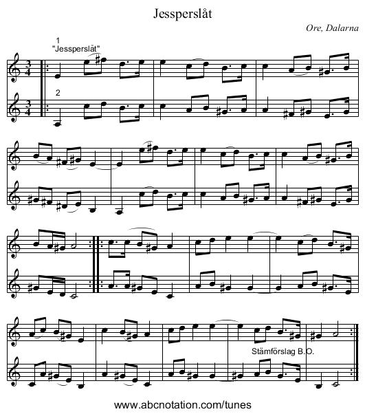 Jessperslåt - staff notation