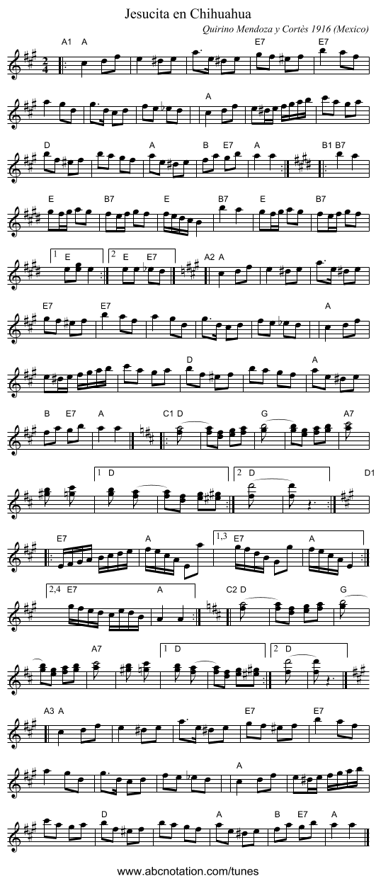 Jesucita en Chihuahua - staff notation