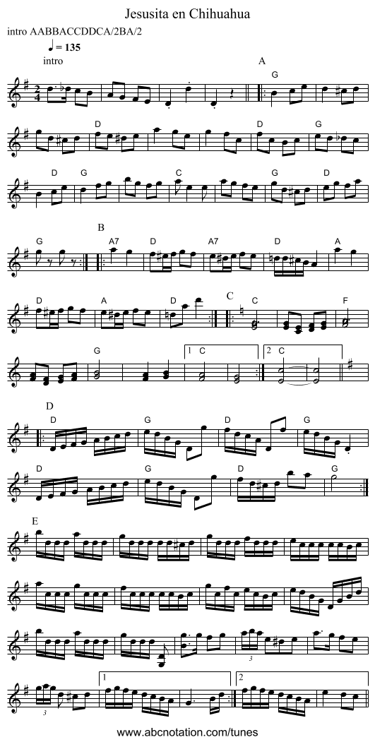 Jesusita en Chihuahua - staff notation