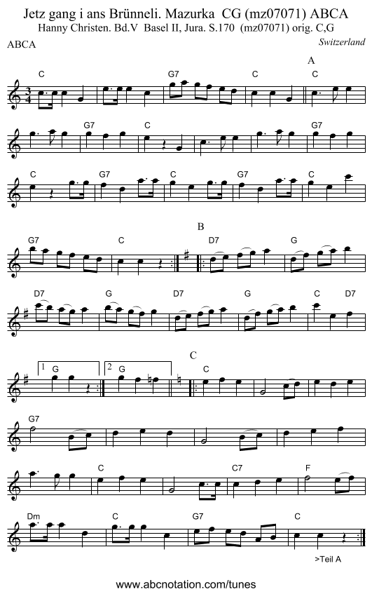 Jetz gang i ans Brünneli. Mazurka CG (mz07071) ABCA - staff notation
