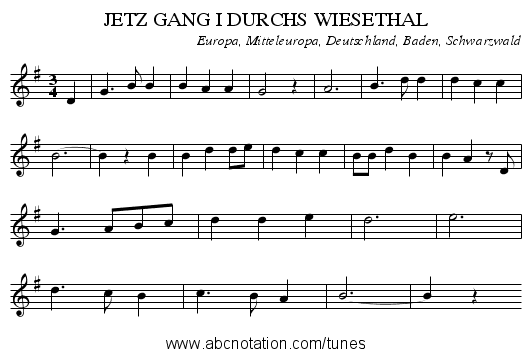 JETZ GANG I DURCHS WIESETHAL - staff notation