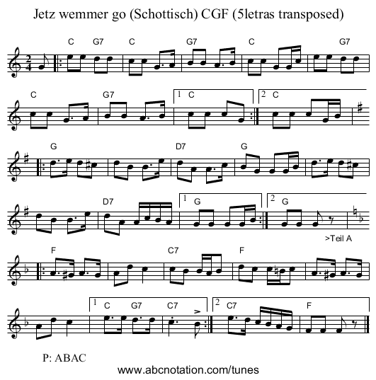 Jetz wemmer go (Schottisch) CGF (5letras transposed) - staff notation