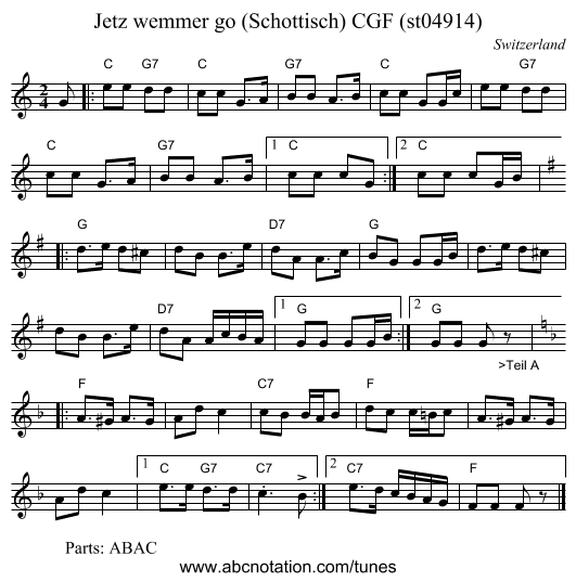 Jetz wemmer go (Schottisch) CGF (st04914) - staff notation