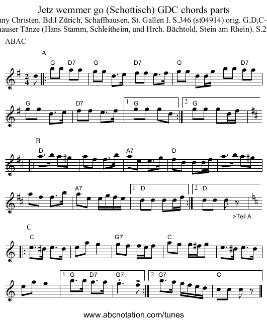 Jetz wemmer go (Schottisch) GDC chords parts - staff notation