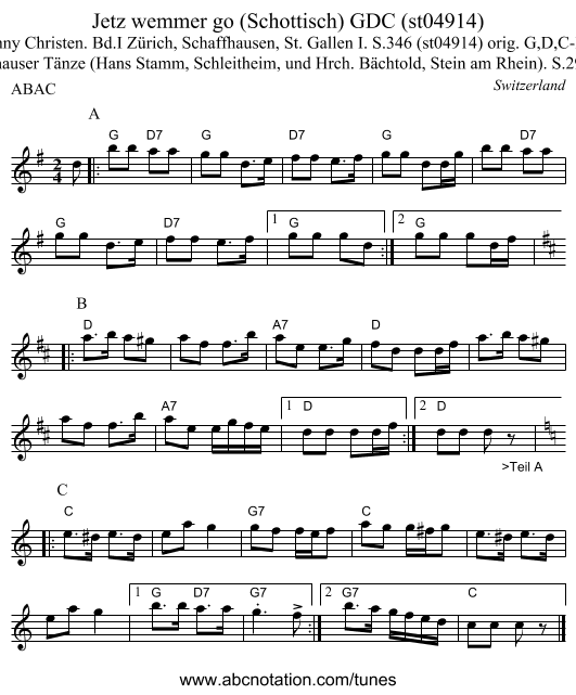 Jetz wemmer go (Schottisch) GDC (st04914) - staff notation