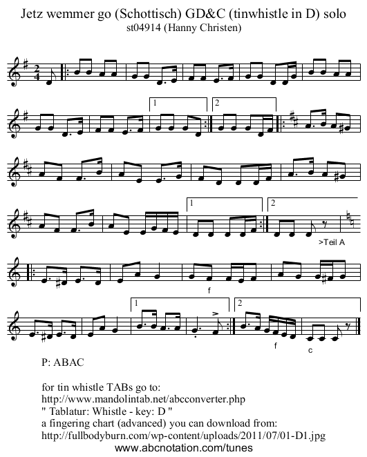 Jetz wemmer go (Schottisch) GD&C (tinwhistle in D) solo - staff notation