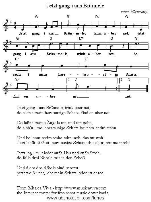 Jetzt gang i ans Br&uuml;nnele - staff notation
