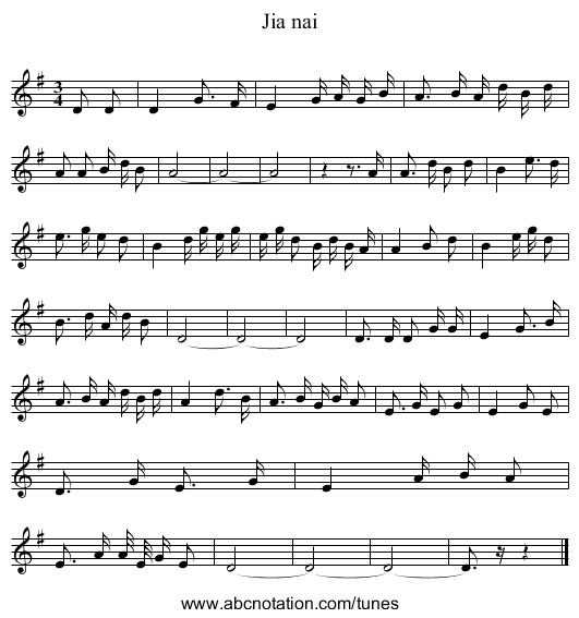 Jia nai - staff notation