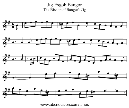Jig Esgob Bangor - staff notation