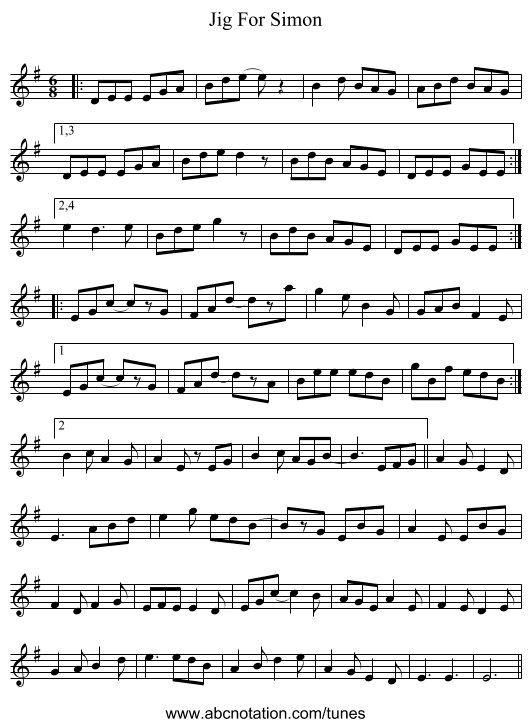Jig For Simon - staff notation