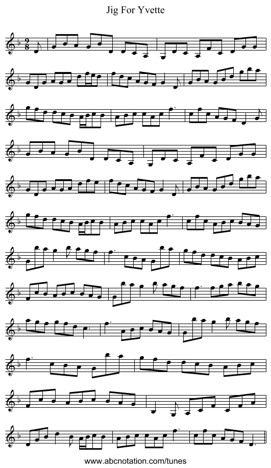 Jig For Yvette - staff notation