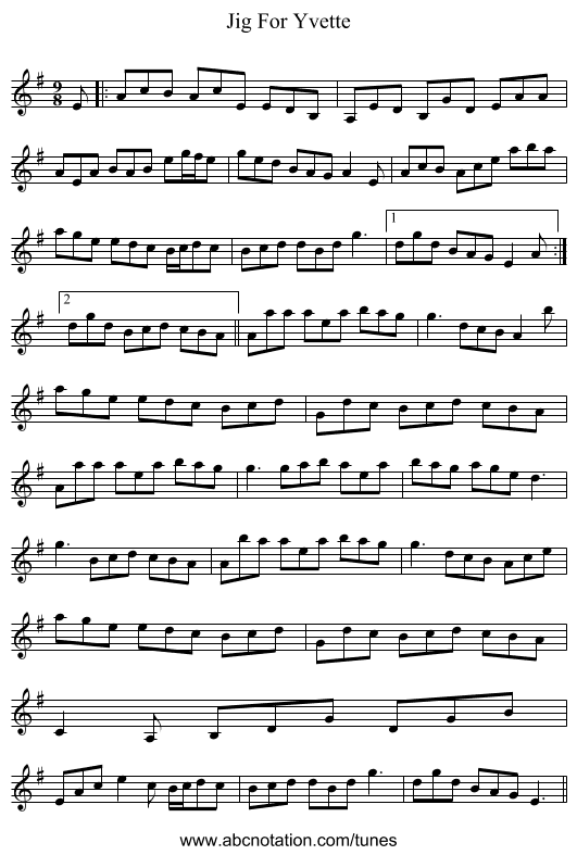 Jig For Yvette - staff notation