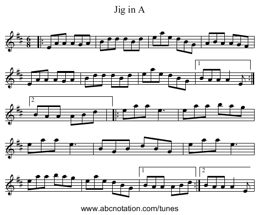 Jig in A - staff notation