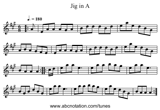 Jig in A - staff notation