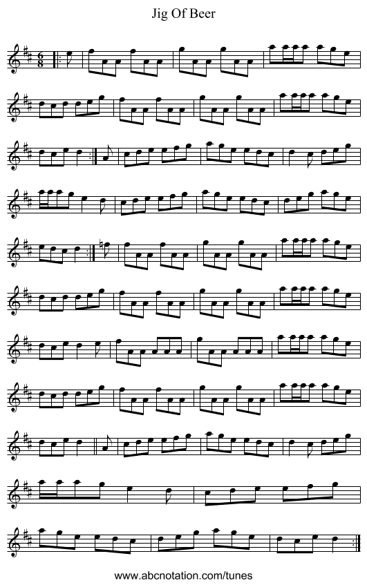 Jig Of Beer - staff notation