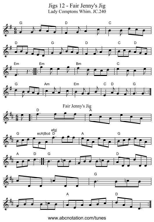 Jigs 12 - Fair Jenny's Jig - staff notation