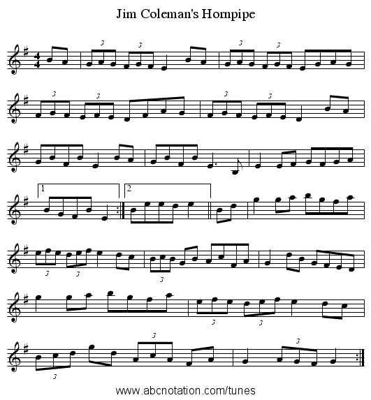 Jim Coleman's Hornpipe - staff notation