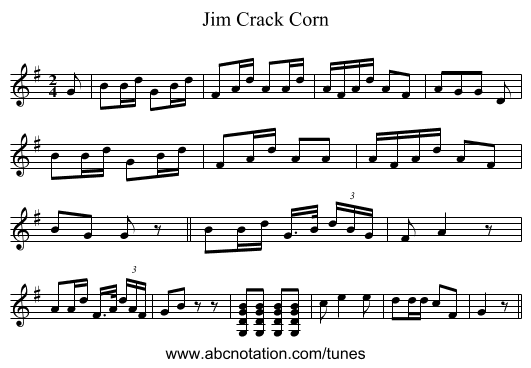 Jim Crack Corn - staff notation