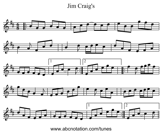 Jim Craig's - staff notation