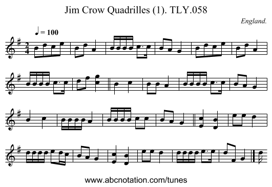 Jim Crow Quadrilles (1). TLY.058 - staff notation