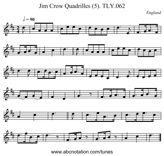 Jim Crow Quadrilles (5). TLY.062 - staff notation
