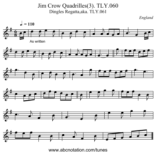 Jim Crow Quadrilles(3). TLY.060 - staff notation
