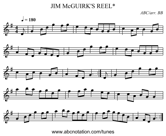 JIM McGUIRK'S REEL* - staff notation