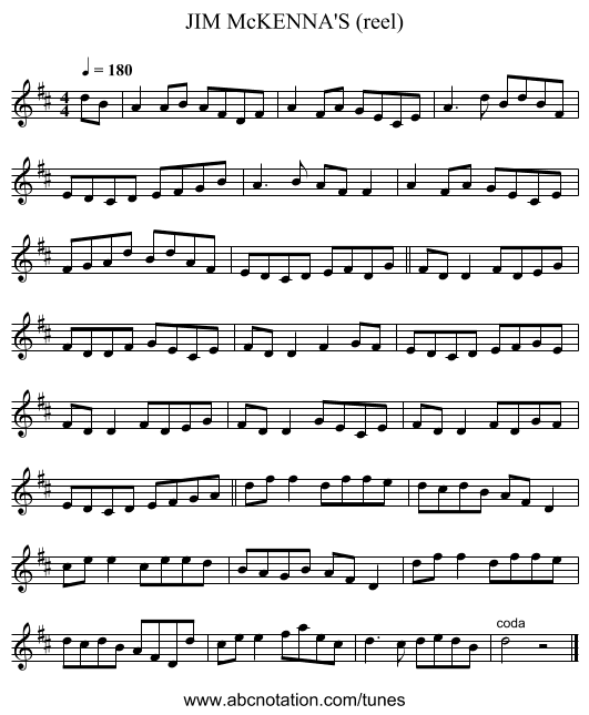 JIM McKENNA'S (reel) - staff notation