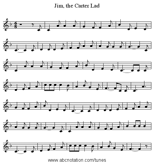 Jim, the Carter Lad - staff notation
