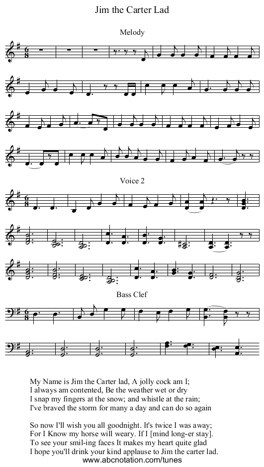 Jim the Carter Lad - staff notation