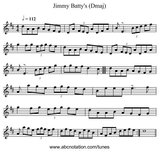 Jimmy Batty's (Dmaj) - staff notation