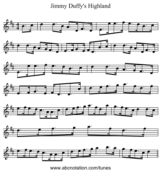 Jimmy Duffy's Highland - staff notation