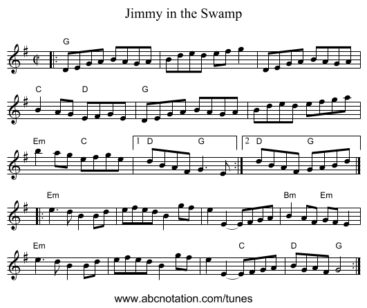 Jimmy in the Swamp - staff notation