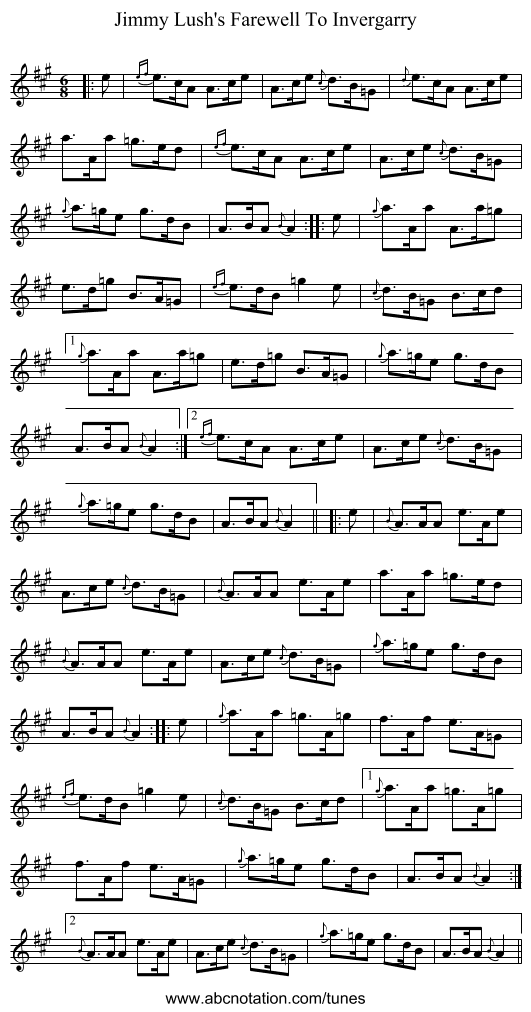Jimmy Lush's Farewell To Invergarry - staff notation