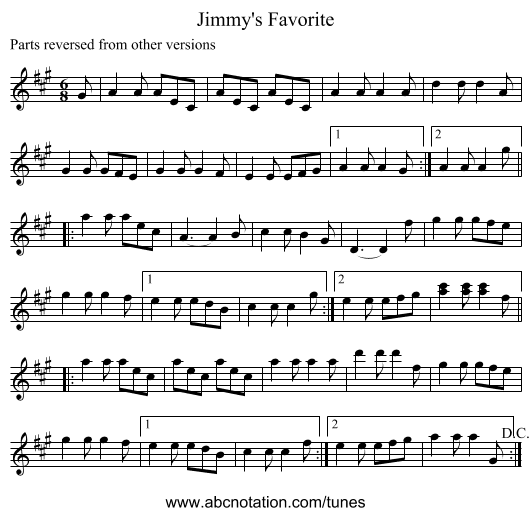 Jimmy's Favorite - staff notation