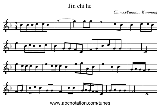 Jin chi he - staff notation