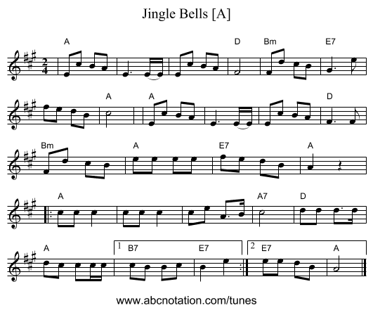 Jingle Bells [A] - staff notation