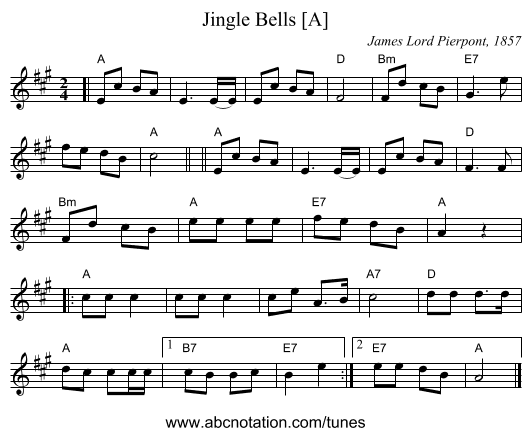 Jingle Bells [A] - staff notation