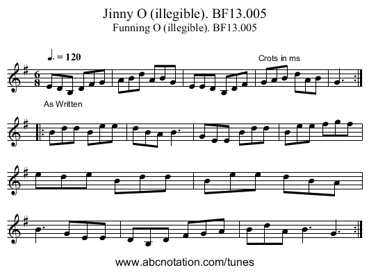 Jinny O (illegible). BF13.005 - staff notation