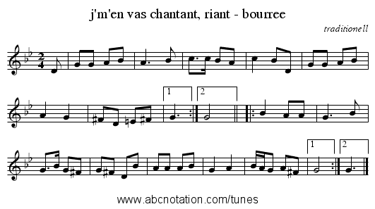 j'm'en vas chantant, riant - bourree - staff notation