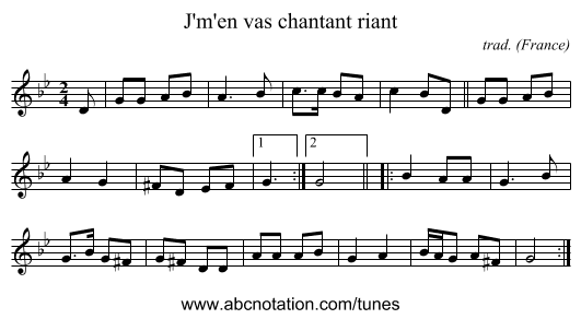 J'm'en vas chantant riant - staff notation