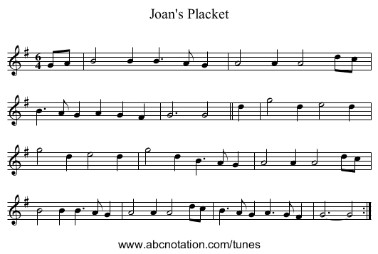 Joan's Placket - staff notation