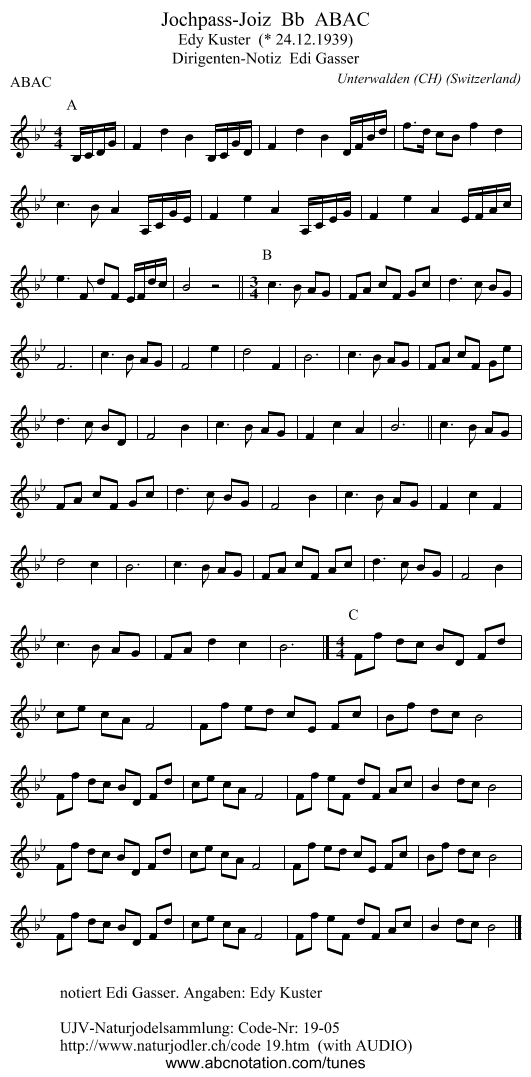 Jochpass-Joiz  Bb  ABAC - staff notation