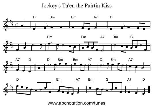 Jockey's Ta'en the Pairtin Kiss - staff notation