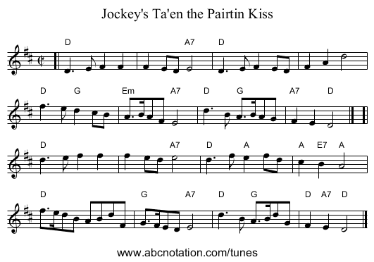 Jockey's Ta'en the Pairtin Kiss - staff notation