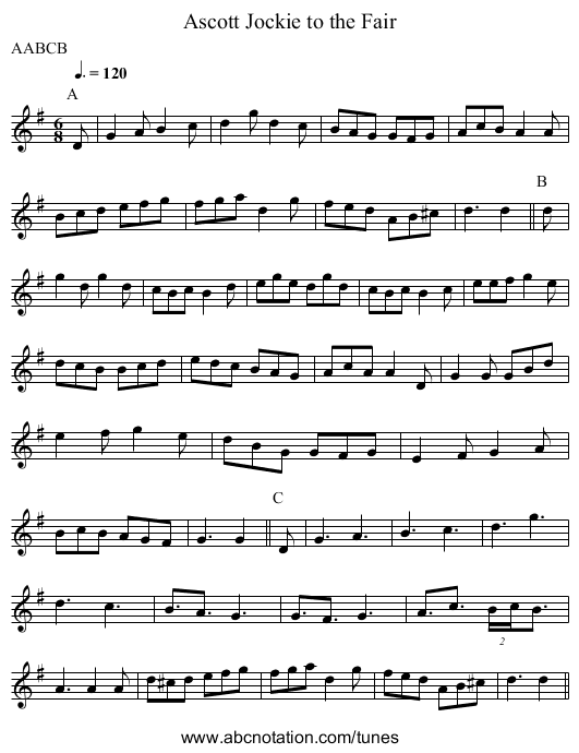 Jockie to the Fair, Ascott - staff notation