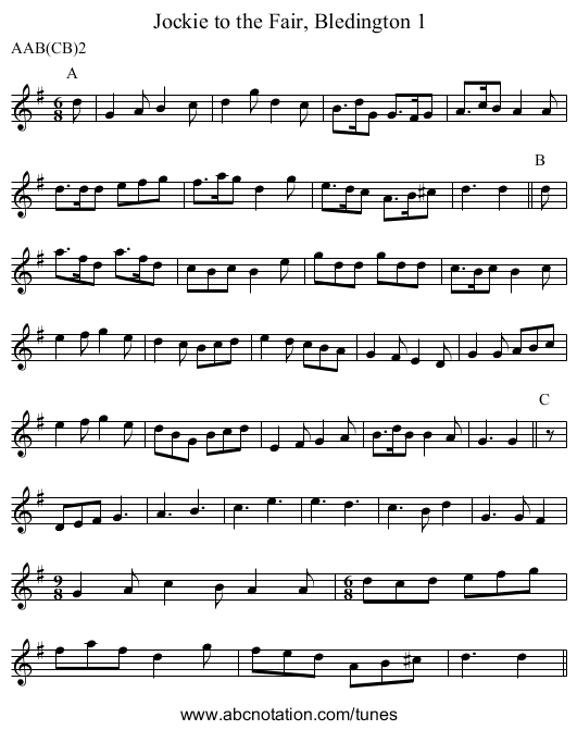 Jockie to the Fair, Bledington 1 - staff notation